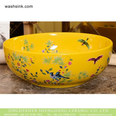 Shengjiang  factory direct bird flower series Chinoiserie retro style round luxury bathroom table top sink pretty light yellow famille rose with little bird and peony pattern colorful art ceramic sink XHTC-X-1067-1