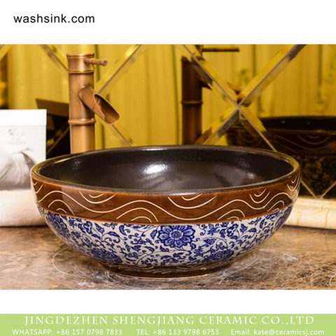 New product Jingdezhen Jiangxi Chinese antique retro style round art ceramic bathroom design vessel sink with smooth brown wall and blue-and-white floral pattern and sculptured wave striations on surface XHTC-X-1072-1