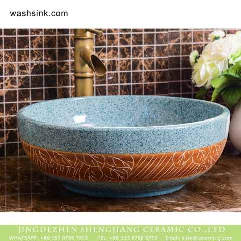 Shengjiang hot sale European quaint style round smooth ceramic bathroom table top sink art famille rose turquoise color with sculptured leaf pattern XHTC-X-2067-1