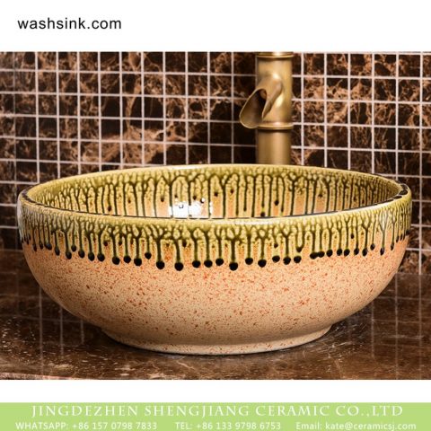 Jingdezhen European antique style fashionable round ceramic bathroom sink beign surface beautiful jade sagging glaze edge with hand painted special graphic XHTC-X-2068-1
