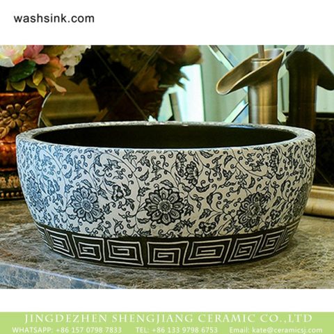 Chinoiserie quaint country style design drum shape ceramic table top sanitary ware black and white color surface with entangled floral branch pattern XHTC-X-2073-1