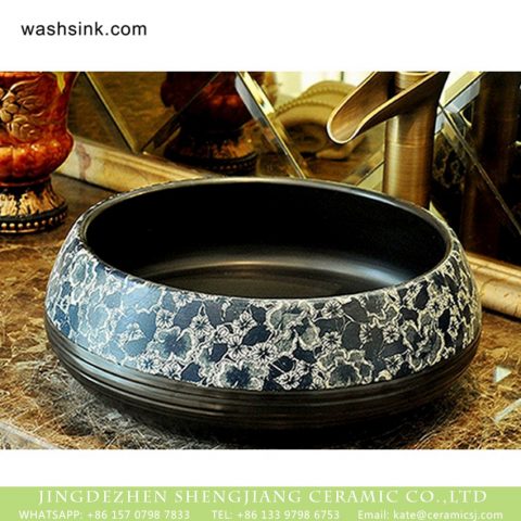 Elegant Chinese classical style retro porcelain sink bowls with glazed black wall pure hand carved whirl striations and blue-and-white floral pattern on surface XHTC-X-2080-1