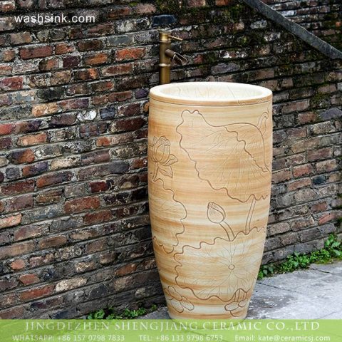 Hot Sales country style elegant special design art handmade wood color ceramic pedestal washroom balcony wash hand basin with carved lotus pattern XHTC-Y-6006-6