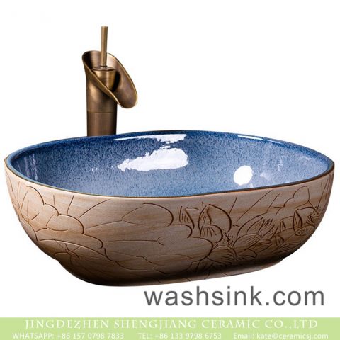 Jingdezhen factory direct elegant oval Chinese style retro antique ceramic counter top sink with glazed gradient blue wall and hand carved lotus pattern on wood surface XXDD-03-2