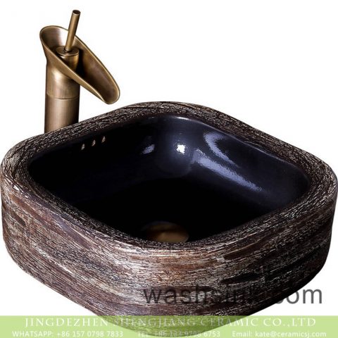 Square Chinese art antique counter top basin elegant original single hole imitating marble surface and glazed dark wall ceramic sink XXDD-06-8