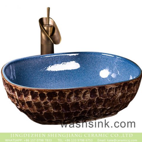 Hot sales special design retro oval toilet basin glazed light blue wall and brown uneven surface with stone patterns wash sink XXDD-07-1