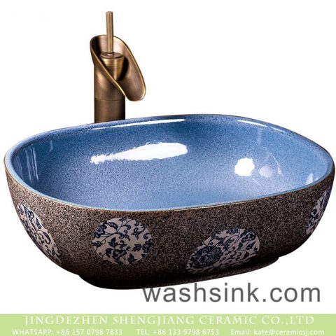 Antique Chinese modern new style oval round original basin glazed light blue wall dark gray surface with spots and circular patterns lavabo XXDD-10-4