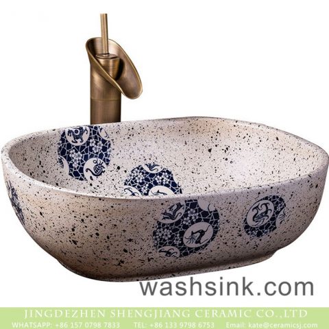 Simple modern country style small oval retro unique bathroom table top basin white color with spots and blue-and-white circular patterns surface wash basin XXDD-12-3