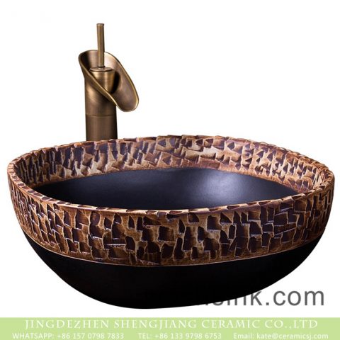 Shengjiang factory Chinese style industrial style fancy square thin edge luxury bathroom design vessel sink with black and brown irregular pattern XXDD-20-4
