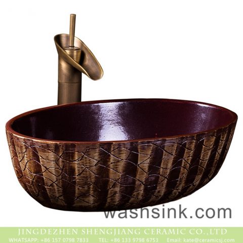Factory wholesale price Chinese traditional style oval ceramic art hand wash sink with irregular hand carved lines, dark magenta color wall and thin edge XXDD-25-2