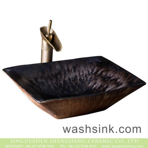 New Style Chinese retro original style rectangular porcelain  wash basin with creative pattern on brown and black wall and carved stripes on beign surface XXDD-28-4