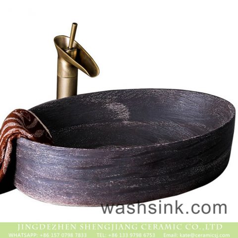 Factory wholesale price Chinese retro unique style oval art ceramic thin edge manual sculptured deep brown color bathroom table top sink XXDD-29-2