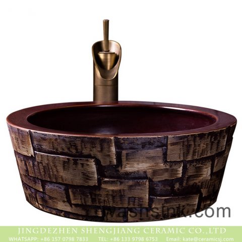 Jingdezhen wholesale Chinese antique retro country style round porcelain hotel bathroom countertop basin with glazed dark red color wall and irregular bar pattern surface XXDD-31-1