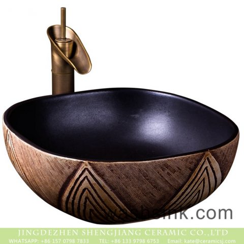Chinese antique traditional style high quality retro ceramic sanitary ware with matte bright black color wall and sculptured leaf pattern on imitating wood surface XXDD-33-3