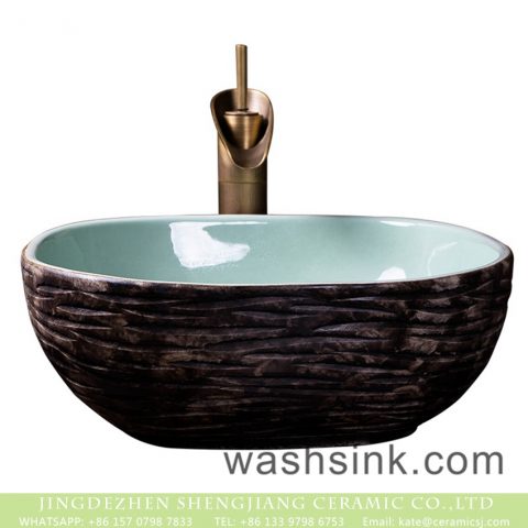 Hot sales elegant quadrate bathroom table top sink Chinese style retro unique special design with glazed green wall and carved uneven brown surface XXDD-39-4