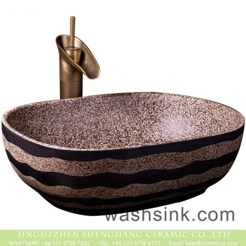 Oval Chinese antique simple style art domestic bathroom wash sink brown color with black striations on surface and spots on wall XXDD-41-2