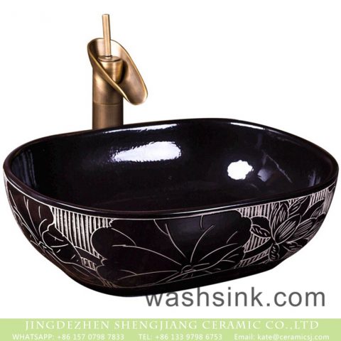 Elegant Shengjiang factory direct ceramic bathroom table top sink courtyard quadrate retro Chinese style sanitary ware with high gloss bright black wall and manual sculptured flower pattern on surface XXDD-42-2