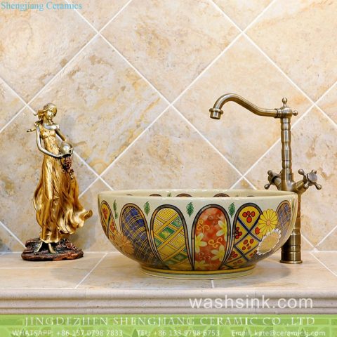 Jingdezhen Shengjiang porcelain Japanese style elegant gorgeous retro round overglaze color wash sink with golden pattern and archaized chrysanthemum TXT03A