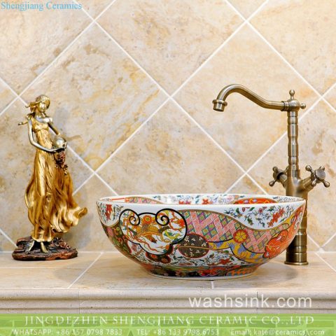 Luxury colorful retro enamel caremic bathroom sink with mysterious golden pattern and Chinese characteristics TXT06A-1