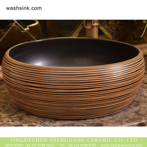 Chinoiserie archaized fancy ceramic bathroom design vessel sink with brown and black stripes XHTC-X-1019-1