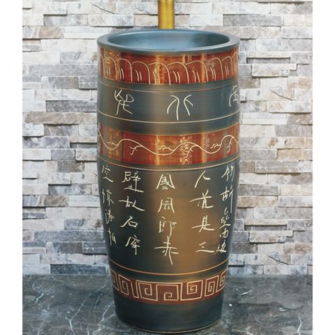 Shengjiang new products black color art ceramic with beautiful pattern and words outdoor vanity basin LJ-1035