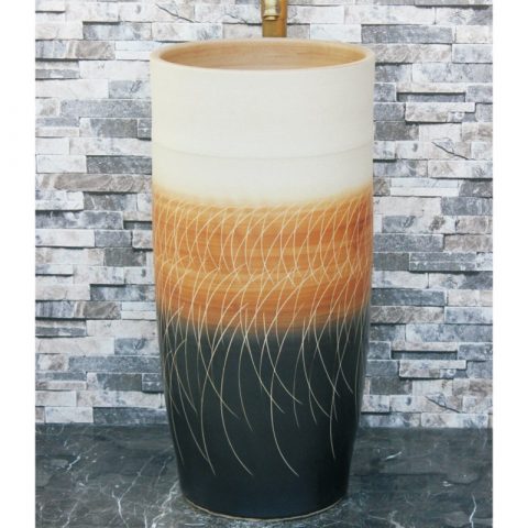 China traditional style ceramic white and black color wood with beautiful hand carved lines surface outdoor basin LJ-1041
