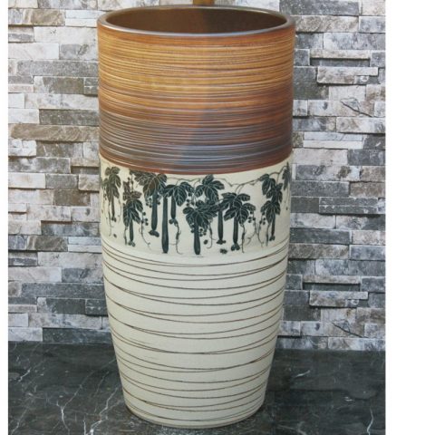 Jingdezhen Shengjiang ceramic factory white and brown with great trees pattern and lines one-piece basin LJ-1049