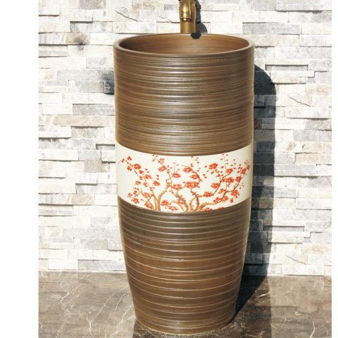Chinese style hand carved art ceramic brown color with beautiful flowers printing pedestal basin LJ-1054
