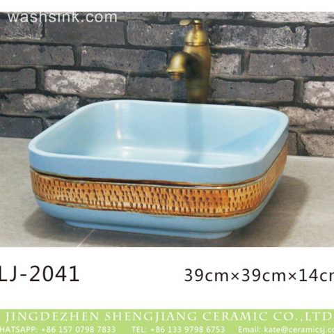 Chinese art counter top blue color with hand paint brown pattern lavabo  LJ-2041