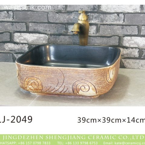 Hot sale product black wall and wood surface with hand carved pattern foursquare basin  LJ-2049