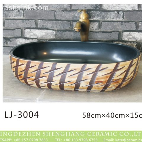 Hot sell product smooth black wall and hand carved wood surface oval porcelain lavabo  LJ-3004