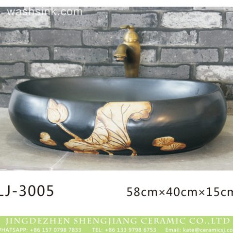 China traditional high quality black oval ceramic with yellow flowers design wash sink  LJ-3005