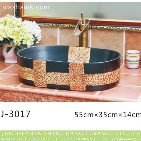 China traditional style black and brown special printing oval porcelain wash sink  LJ-3017