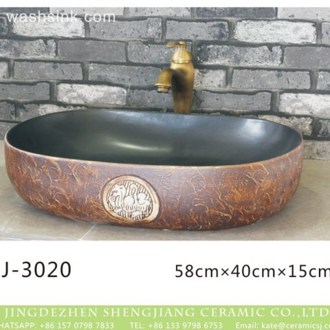 Chinese art black wall and hand carved brown surface oval ceramic wash basin LJ-3020