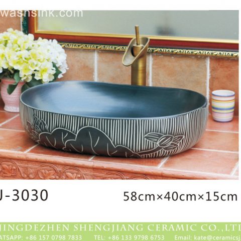 Shengjiang factory direct black oval ceramic with white stripes vanity basin  LJ-3030