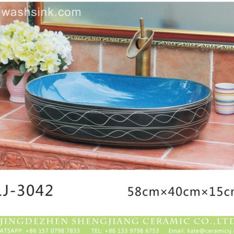 Shengjiang factory new product blue wall and black surface with white lines art oval basin  LJ-3042
