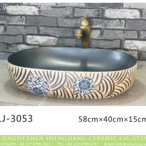 Jingdezhen unique oval ceramic black wall and hand carved special design surface lavabo  LJ-3053