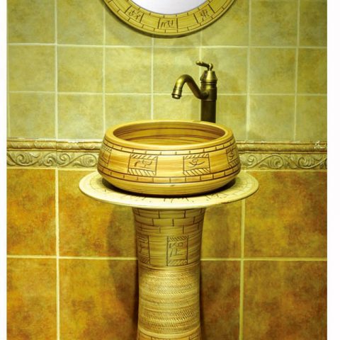 China traditional style ceramic wood color with special pattern pedestal basin