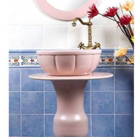Shengjiang factory pure hand ceramic pink color one piece freestanding basin