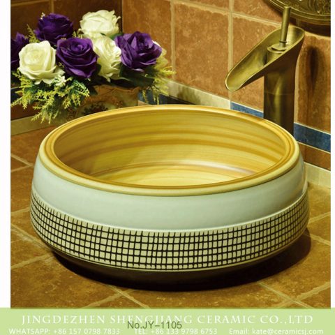 Hot sale new product wood color inner wall and hand painted lattice pattern surface vanity basin    SJJY-1105-17