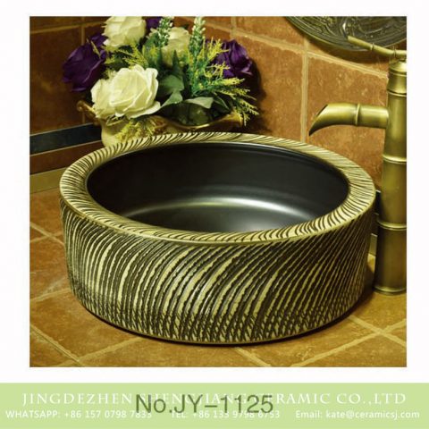 Jingdezhen wholesale black inner wall and hand carved unique pattern surface vanity basin     SJJY-1125-20