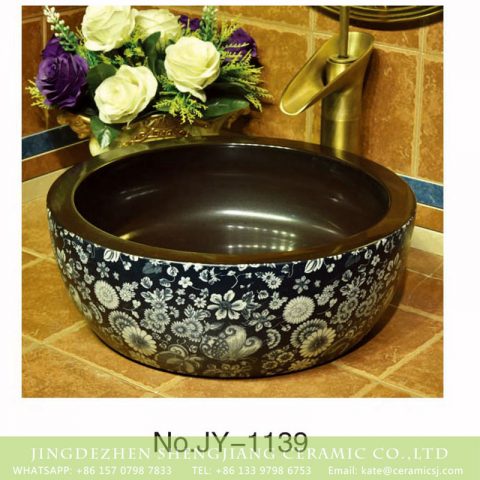 China elegant dark color ceramic with flowers pattern vanity basin     SJJY-1139-21