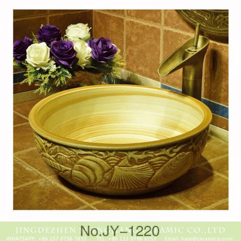 Shengjiang factory produce high quality wood color ceramic with hand craft exquisite pattern wash sink    SJJY-1220-29