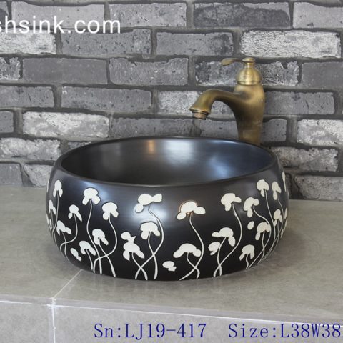 LJ19-417     Black background floral design porcelain wash basin