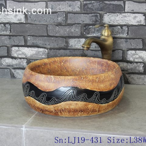 LJ19-431    Imitation wood carved wave line design ceramic wash basin
