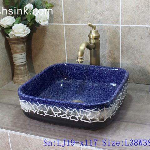 LJ19-x117    Deep blue geometry pattern porcelain wash sink