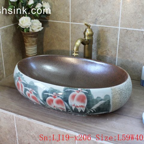 LJ19-x206      Glossy oval famille rose bird design ceramic art sink