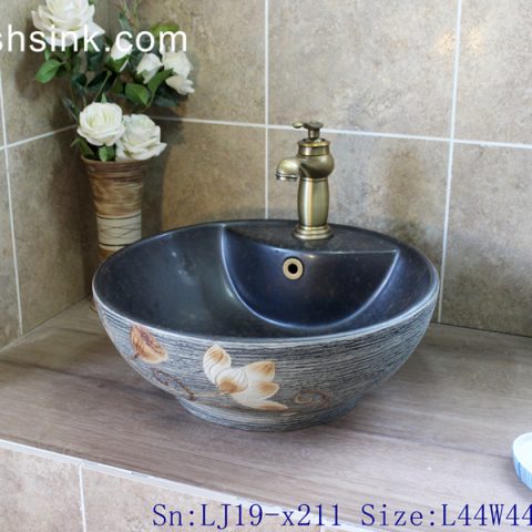 LJ19-x211     Bowl shape carved lotus design ceramic wash basin