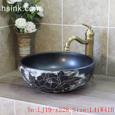 LJ19-x228      Bowl shape fantastic black flower design ceramic lavabo