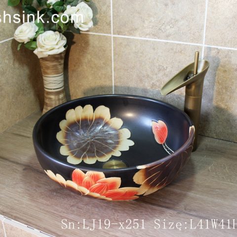 LJ19-x251     Black background sunflower design ceramic wash sink